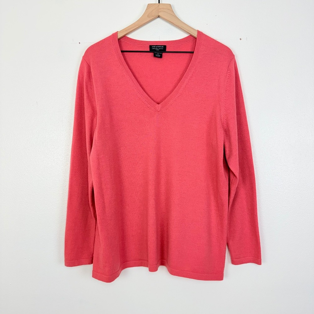Lord & Taylor V-Neck Sweater Women 1X Coral Pink Extra Fine Merino Wool Pullover